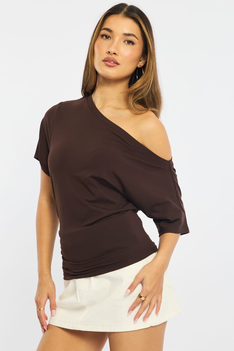 Brown One Shoulder Top Short Sleeve for Ally Fashion