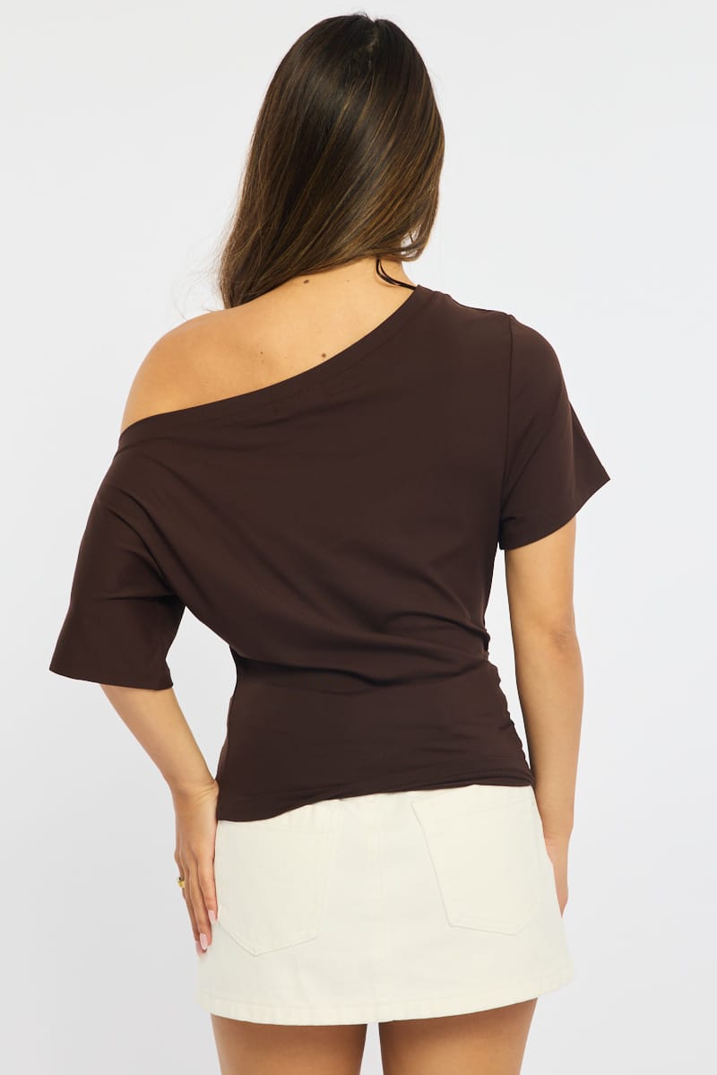 Brown One Shoulder Top Short Sleeve for Ally Fashion