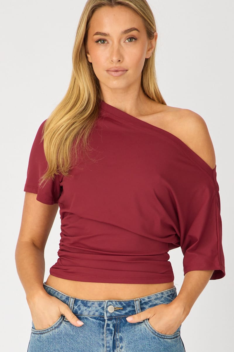 Red One Shoulder Top Short Sleeve for Ally Fashion