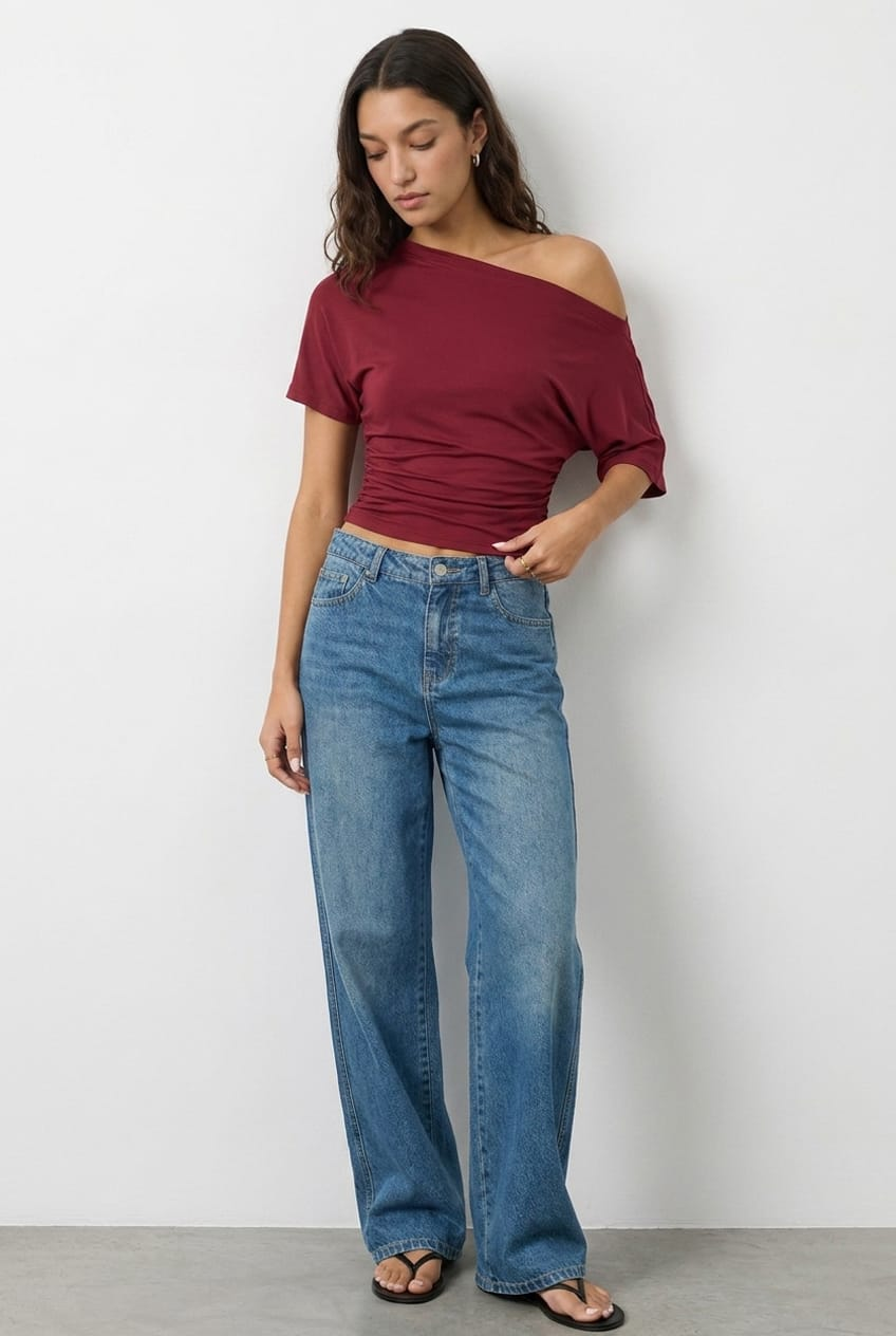 Red One Shoulder Top Short Sleeve for Ally Fashion