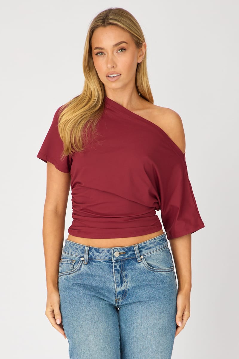 Red One Shoulder Top Short Sleeve for Ally Fashion