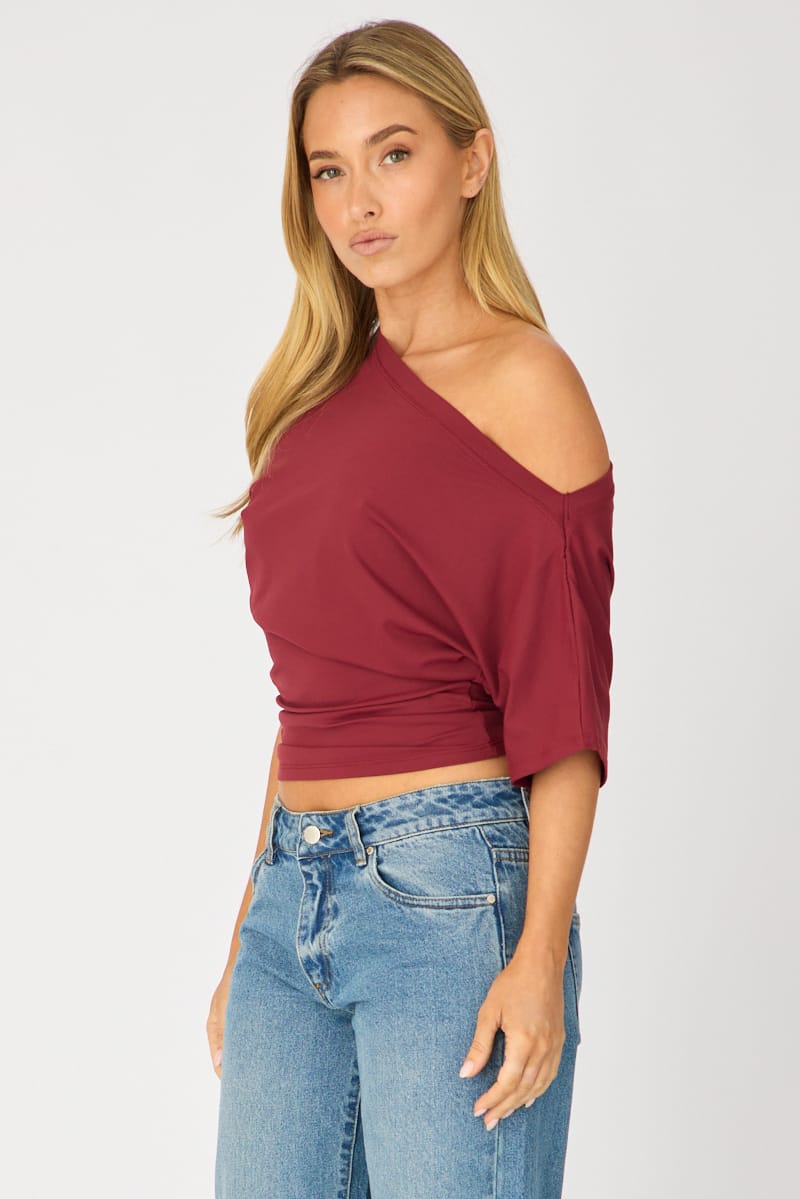 Red One Shoulder Top Short Sleeve for Ally Fashion