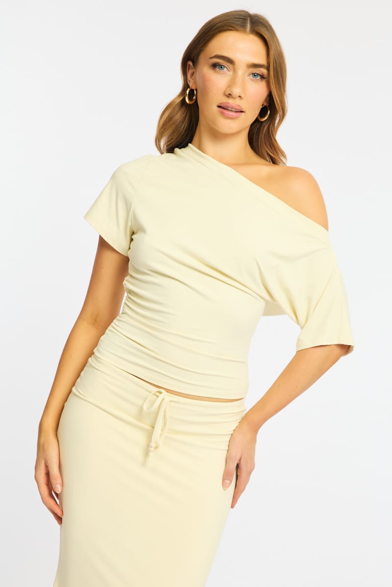 Yellow One Shoulder Top Short Sleeve for Ally Fashion