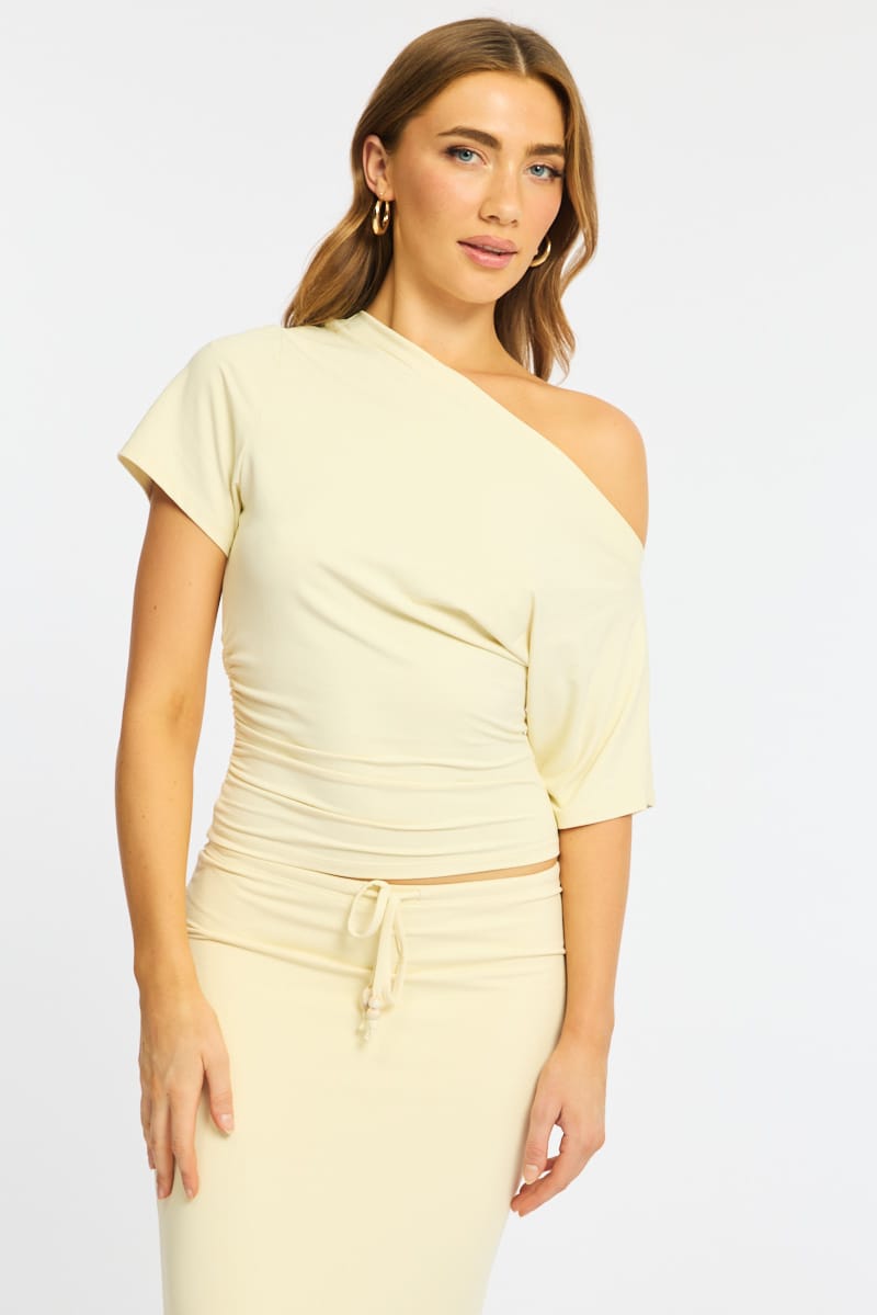 Yellow One Shoulder Top Short Sleeve for Ally Fashion
