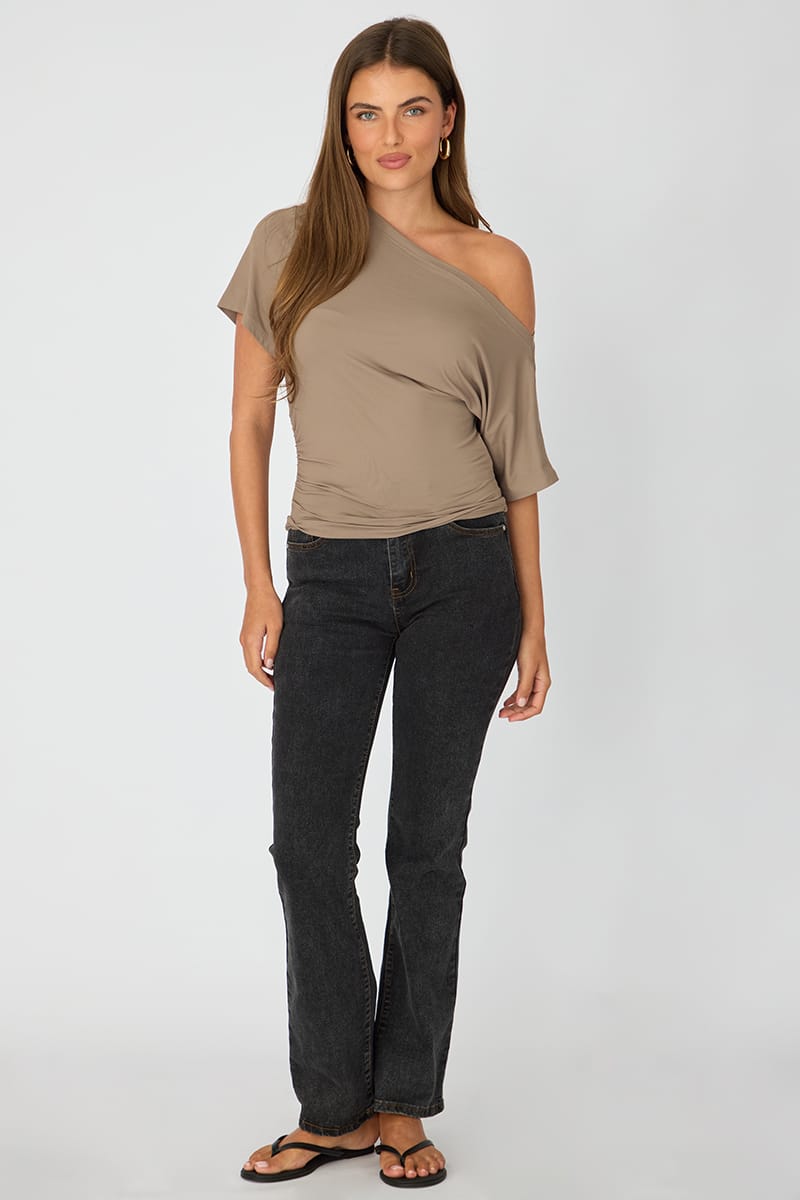 Brown One Shoulder Top Short Sleeve for Ally Fashion