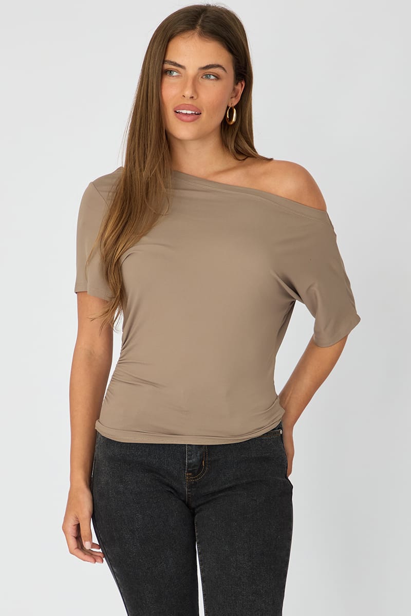 Brown One Shoulder Top Short Sleeve for Ally Fashion