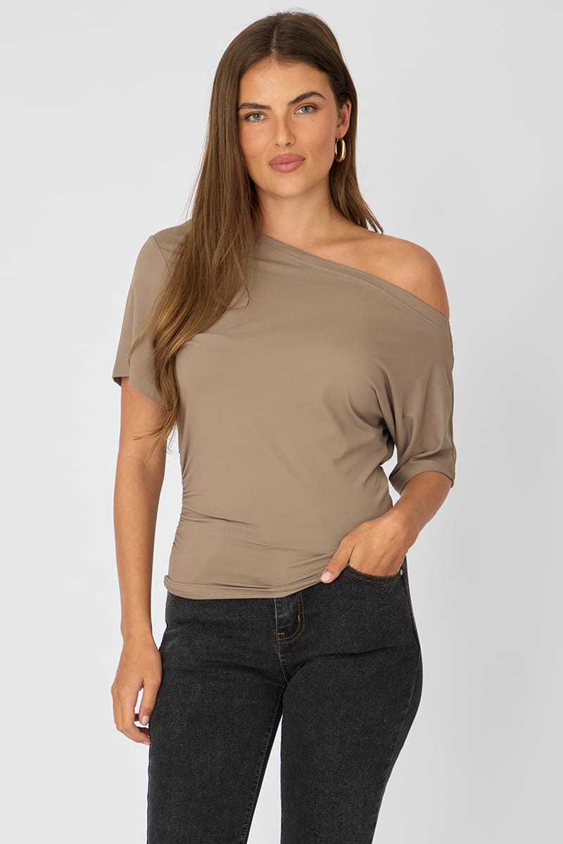 Brown One Shoulder Top Short Sleeve for Ally Fashion