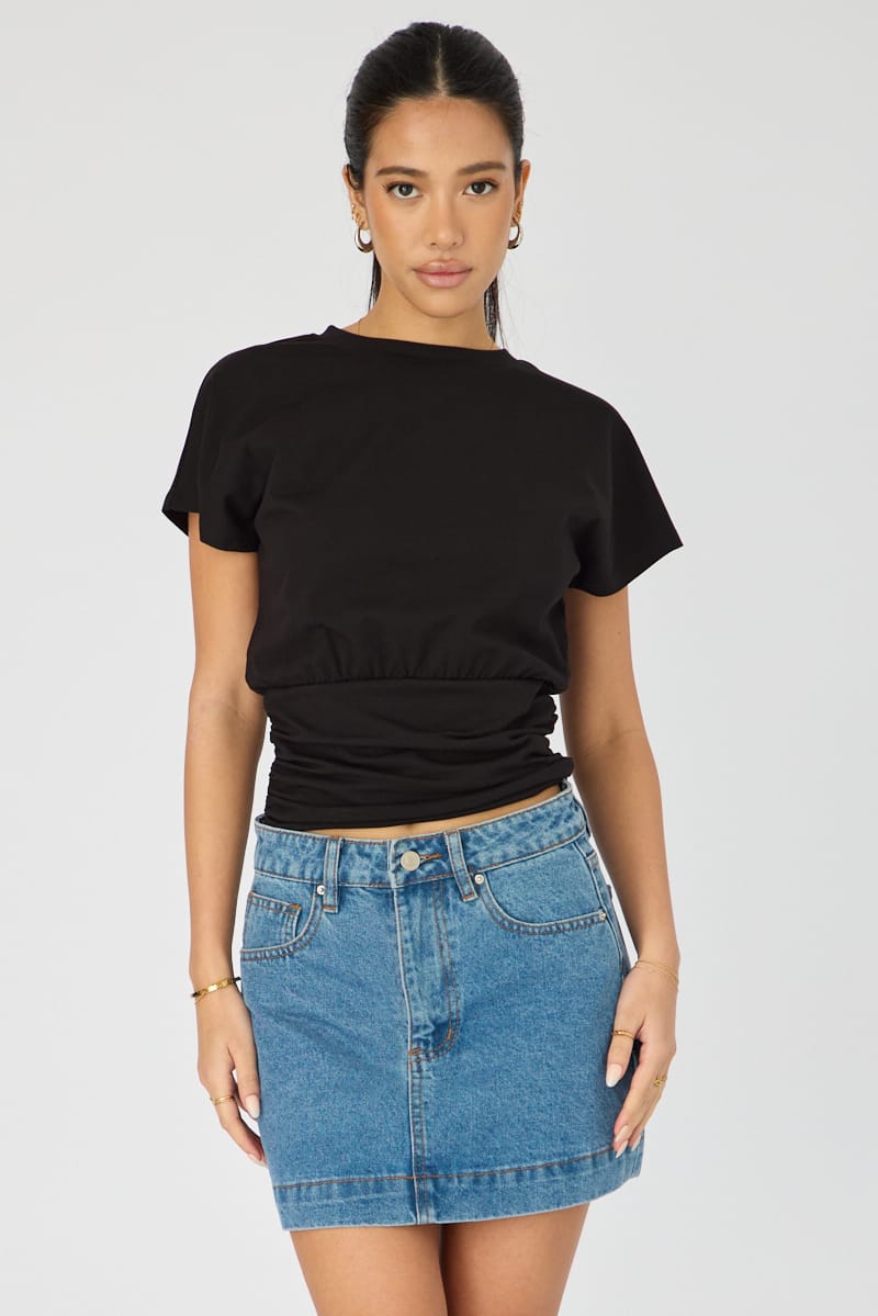 Black Boat Neck Short Sleeve Top for Ally Fashion
