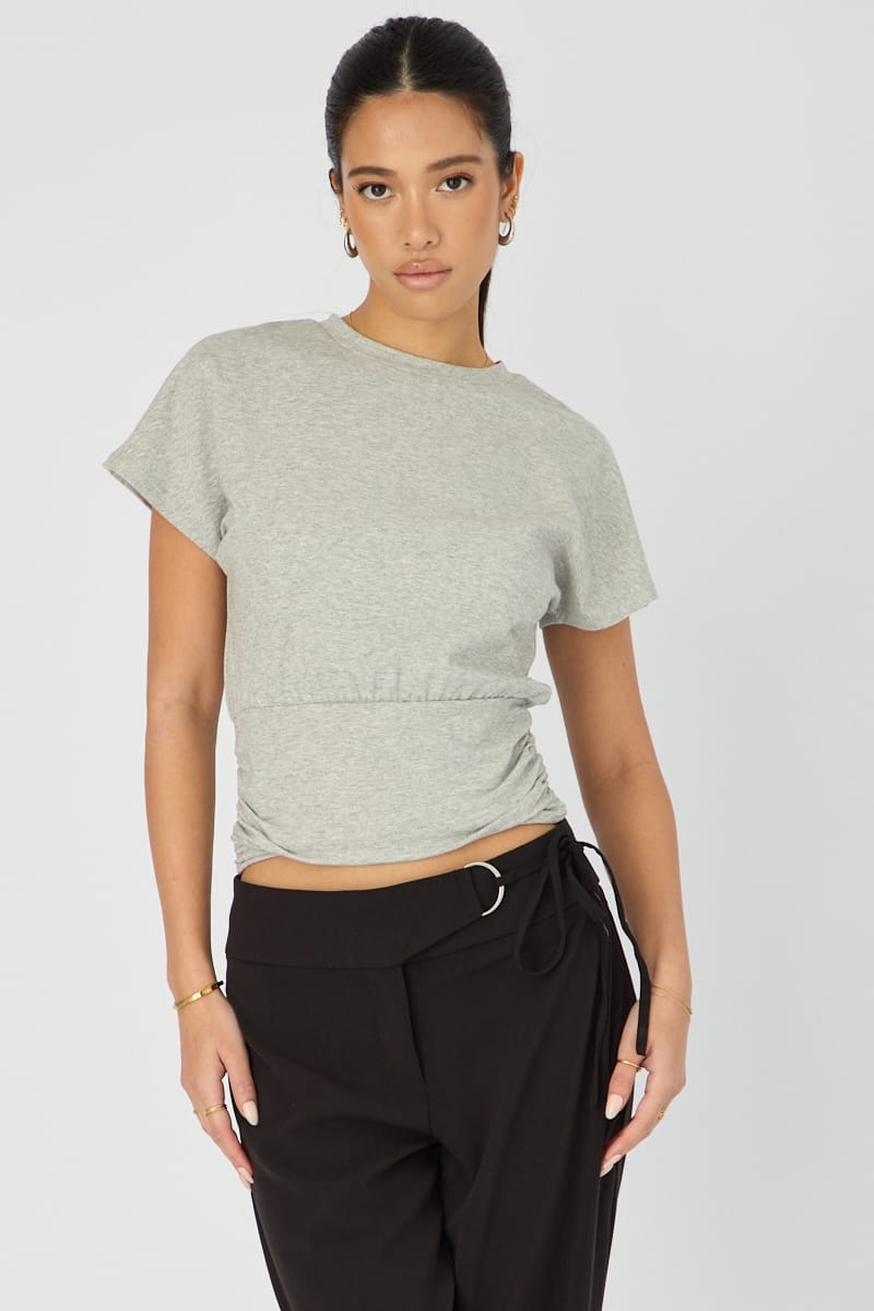Grey Boat Neck Short Sleeve Top for Ally Fashion