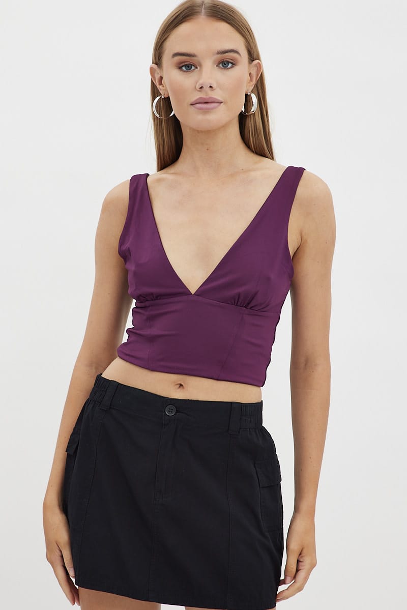 Purple Corset Detail Top Sleeveless Crop Slinky Jersey for Ally Fashion