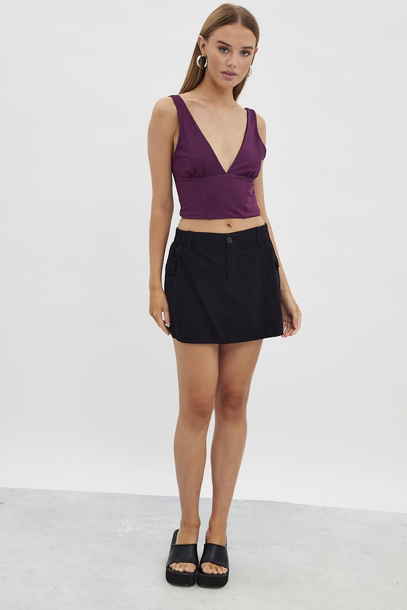 Purple Corset Detail Top Sleeveless Crop Slinky Jersey for Ally Fashion