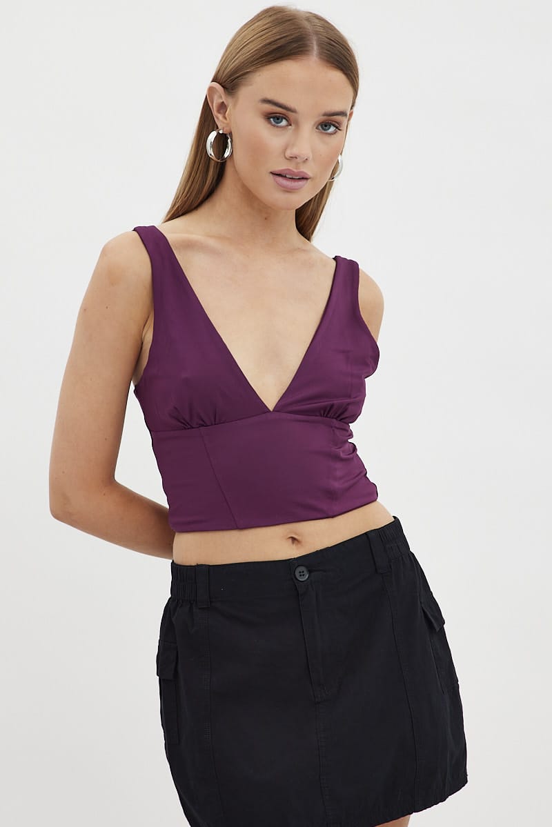 Purple Corset Detail Top Sleeveless Crop Slinky Jersey for Ally Fashion