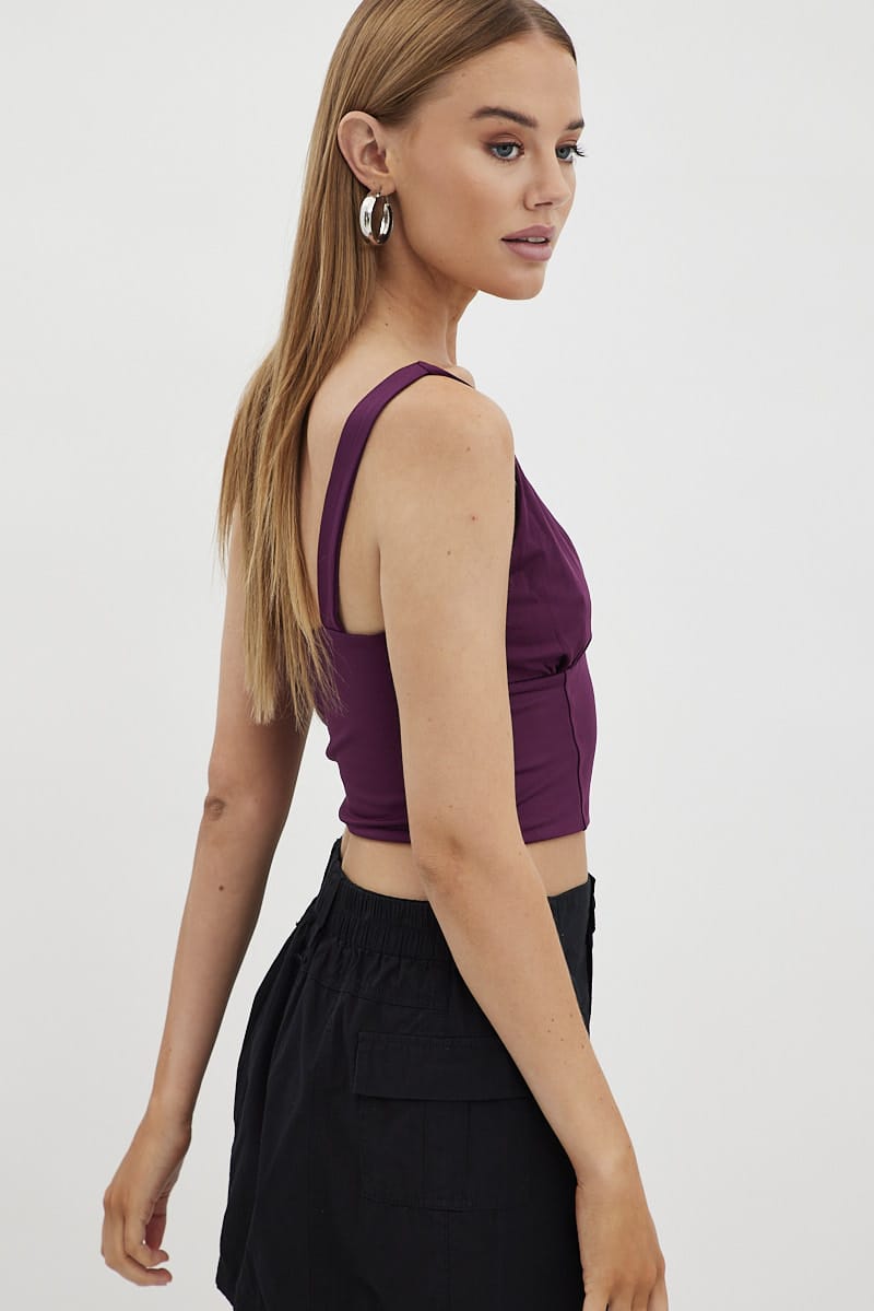 Purple Corset Detail Top Sleeveless Crop Slinky Jersey for Ally Fashion