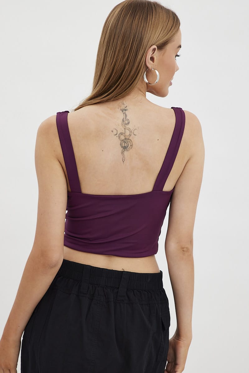 Purple Corset Detail Top Sleeveless Crop Slinky Jersey for Ally Fashion