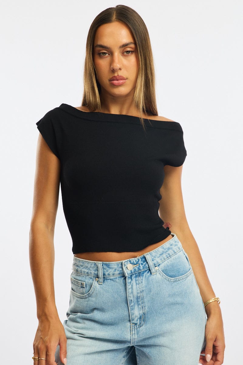 Black One Shoulder Knit Top for Ally Fashion