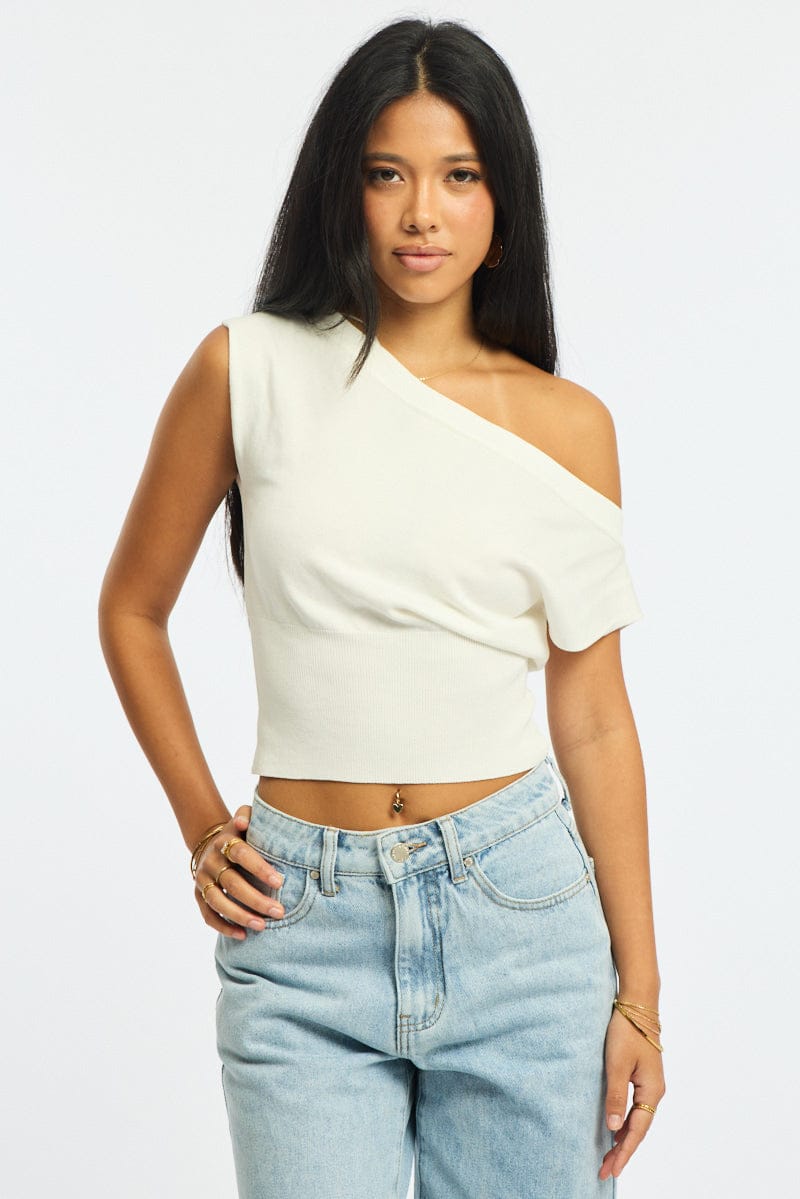 White One Shoulder Knit Top for Ally Fashion
