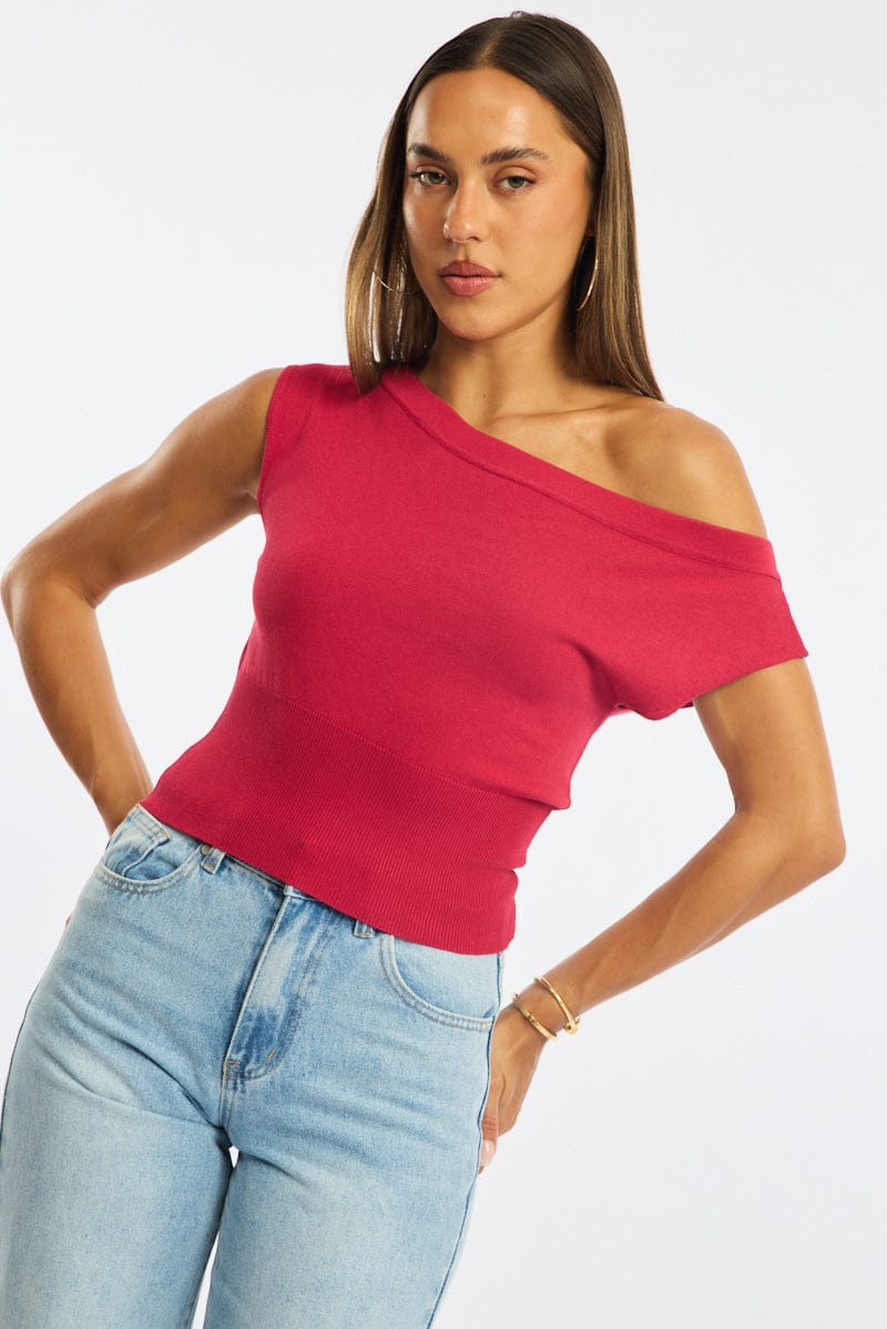 Red One Shoulder Knit Top for Ally Fashion