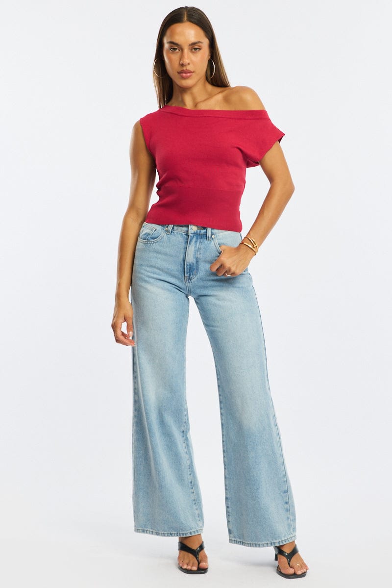 Red One Shoulder Knit Top for Ally Fashion