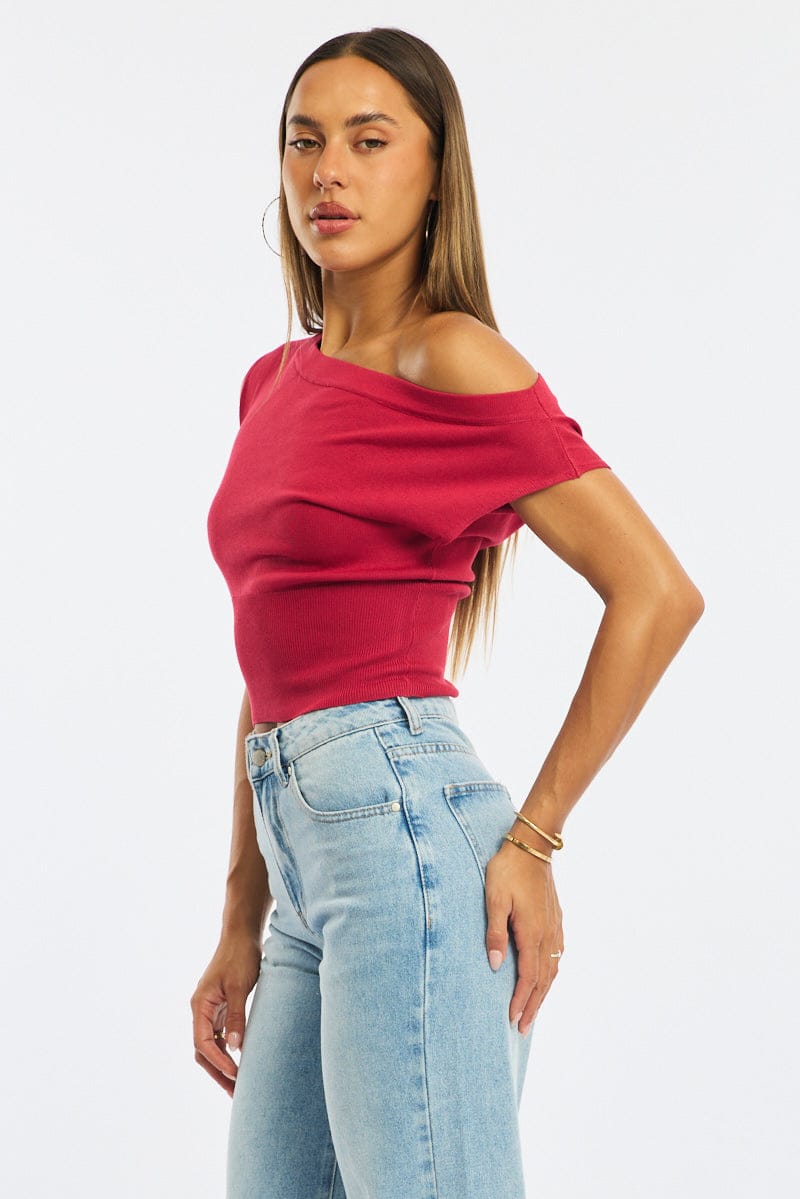Red One Shoulder Knit Top for Ally Fashion