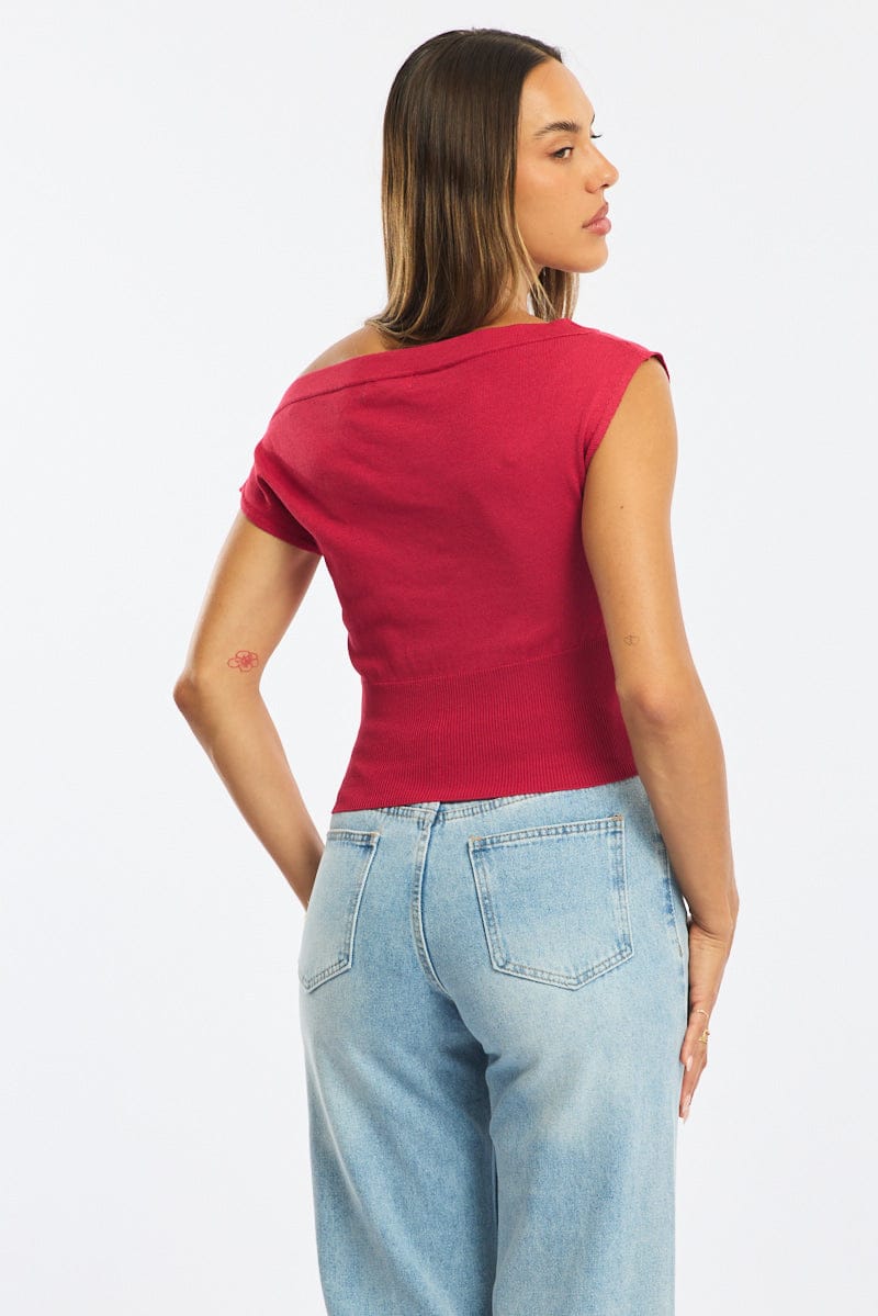 Red One Shoulder Knit Top for Ally Fashion