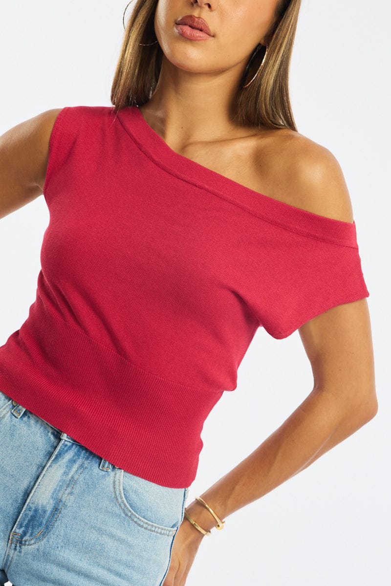 Red One Shoulder Knit Top for Ally Fashion