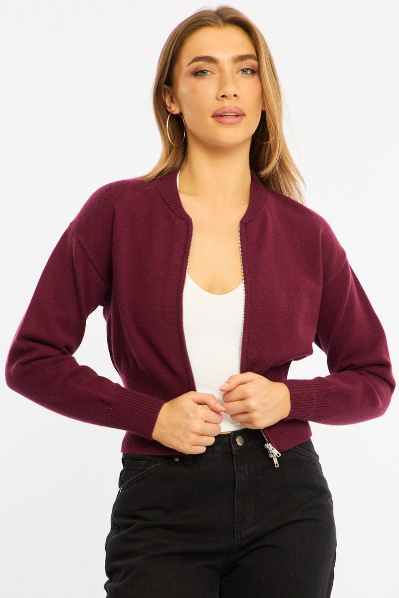 Red Knit Bomber Jacket Zip-up for Ally Fashion