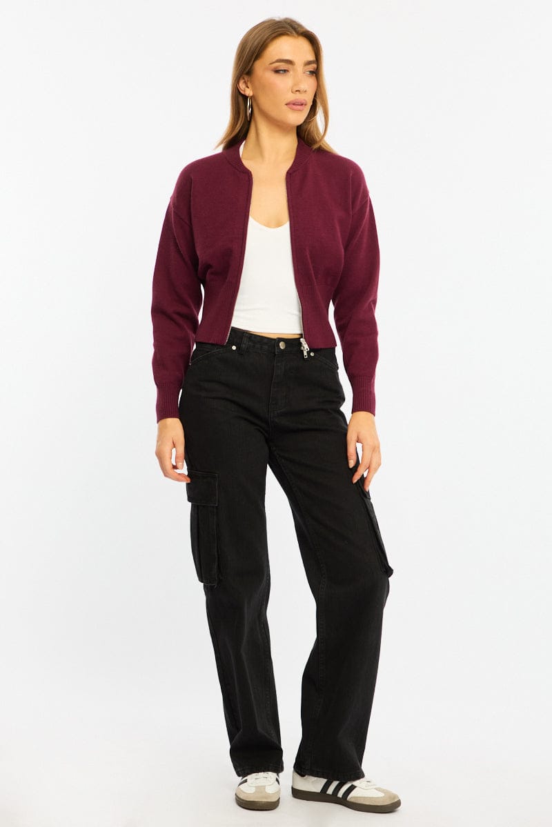 Red Knit Bomber Jacket Zip-up for Ally Fashion
