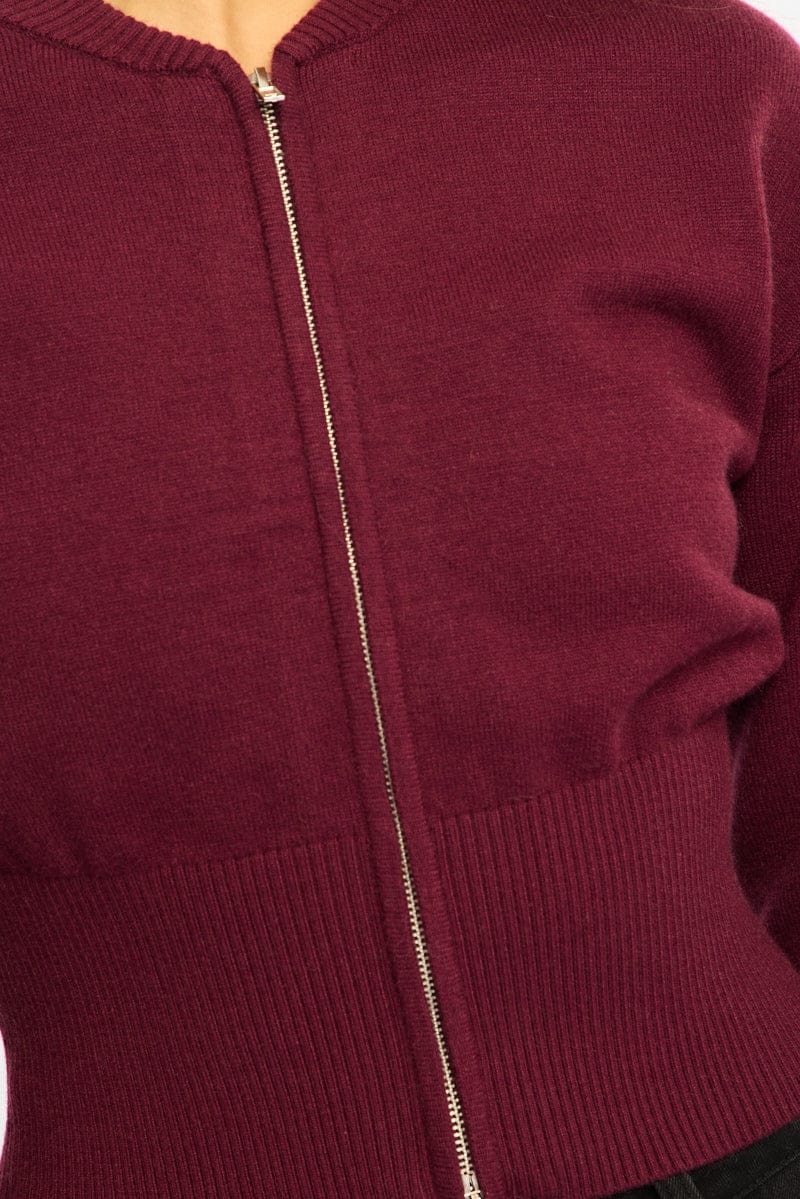 Red Knit Bomber Jacket Zip-up for Ally Fashion