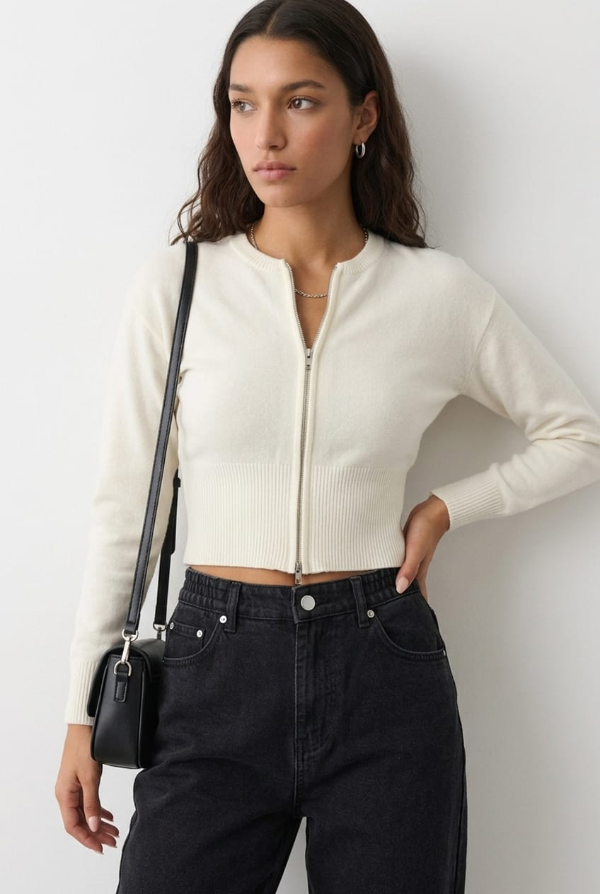 White Knit Bomber Jacket Zip-up for Ally Fashion