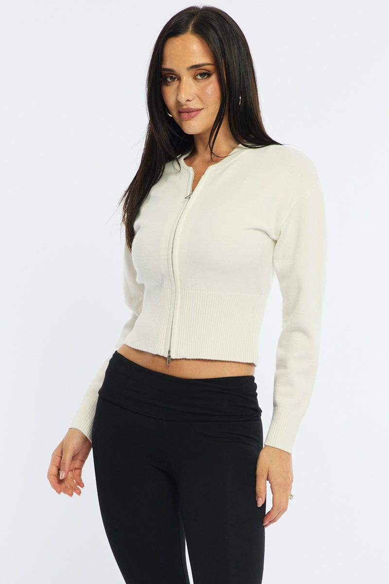 White Knit Bomber Jacket Zip-up for Ally Fashion