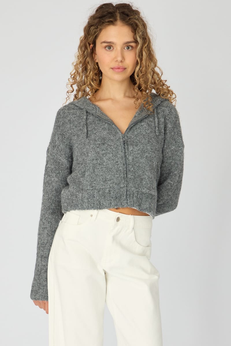 Grey Knit Hoodie With Zip for Ally Fashion