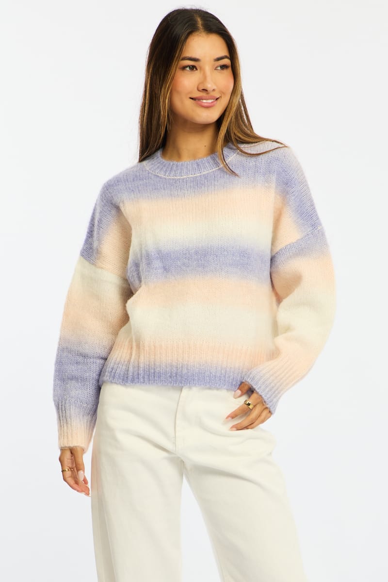 Purple Stripe Stripe Knit Jumper Oversized Crew Neck for Ally Fashion