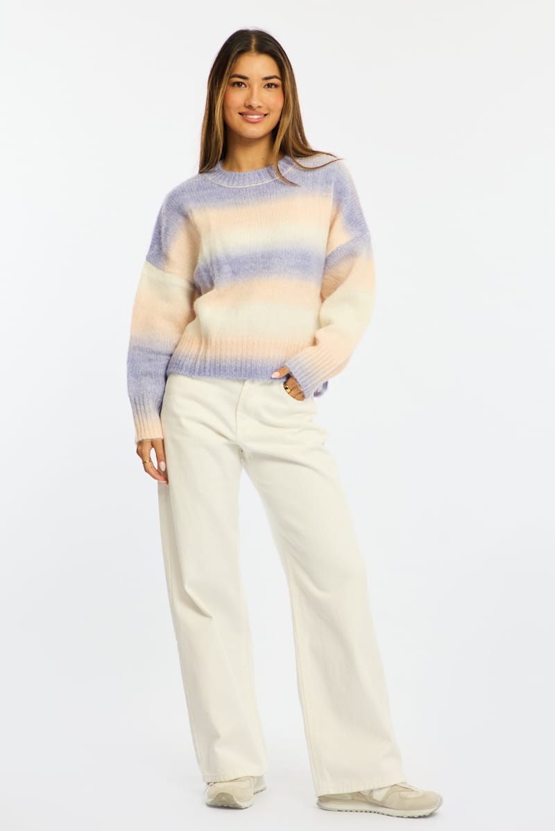 Purple Stripe Stripe Knit Jumper Oversized Crew Neck for Ally Fashion