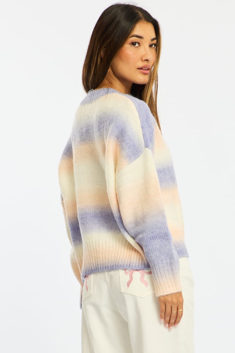 Purple Stripe Stripe Knit Jumper Oversized Crew Neck for Ally Fashion