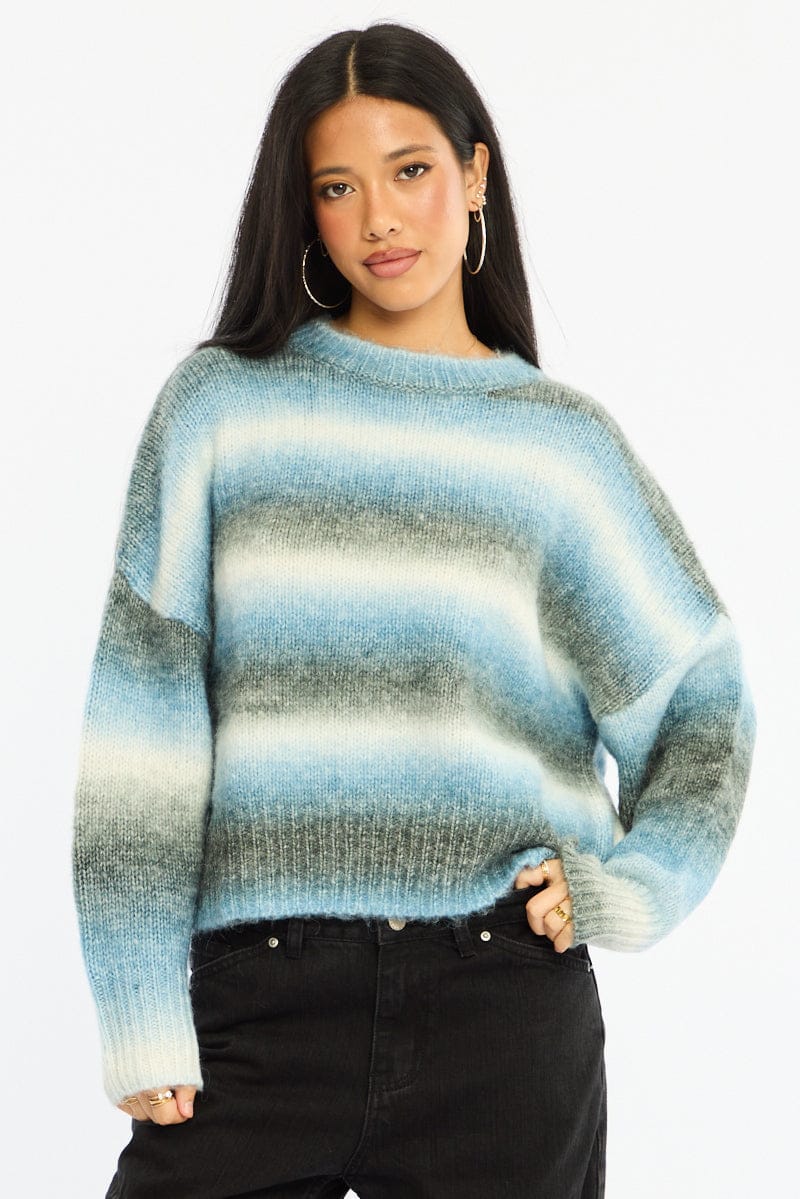 Blue Stripe Stripe Knit Jumper Oversized Crew Neck for Ally Fashion