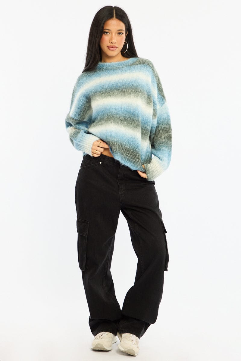 Blue Stripe Stripe Knit Jumper Oversized Crew Neck for Ally Fashion