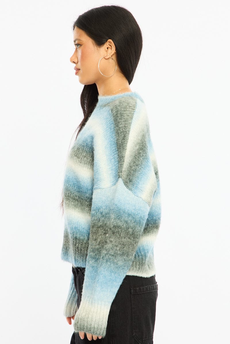 Blue Stripe Stripe Knit Jumper Oversized Crew Neck for Ally Fashion