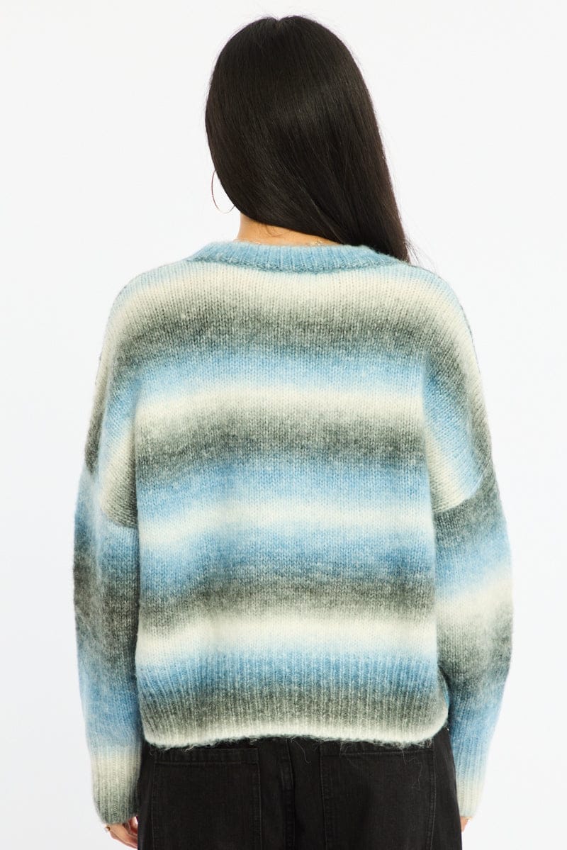 Blue Stripe Stripe Knit Jumper Oversized Crew Neck for Ally Fashion