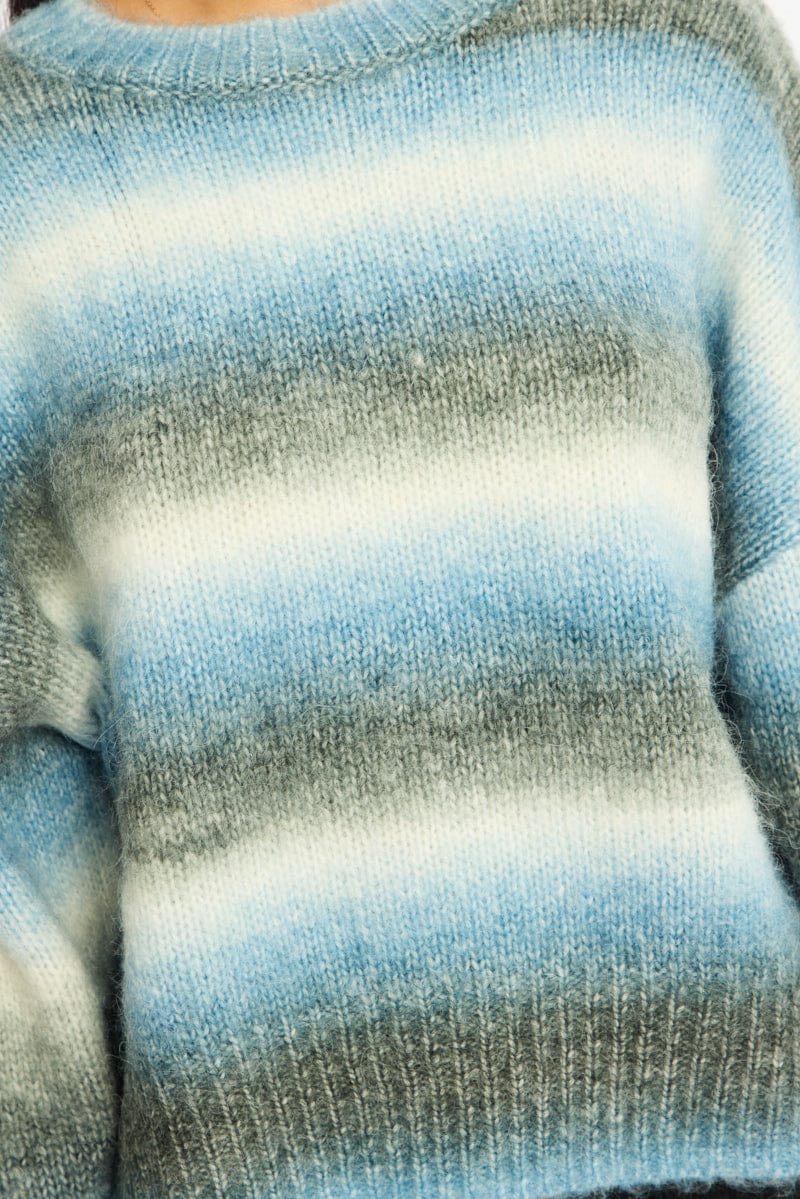 Blue Stripe Stripe Knit Jumper Oversized Crew Neck for Ally Fashion