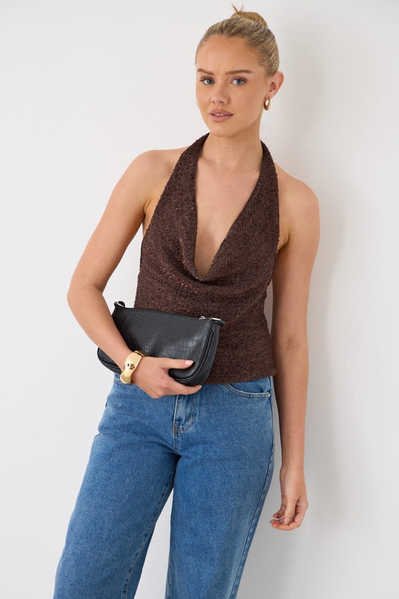 Brown Sequin Cowl Neck Knit Top for Ally Fashion