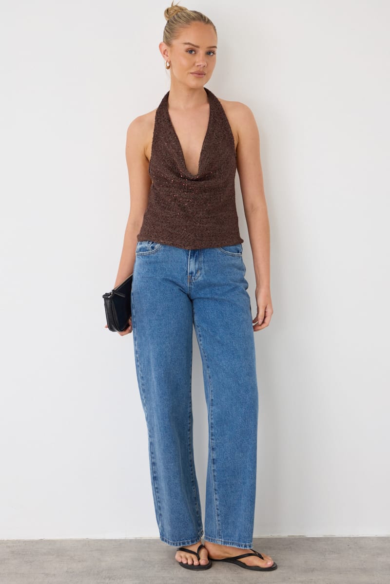 Brown Sequin Cowl Neck Knit Top for Ally Fashion