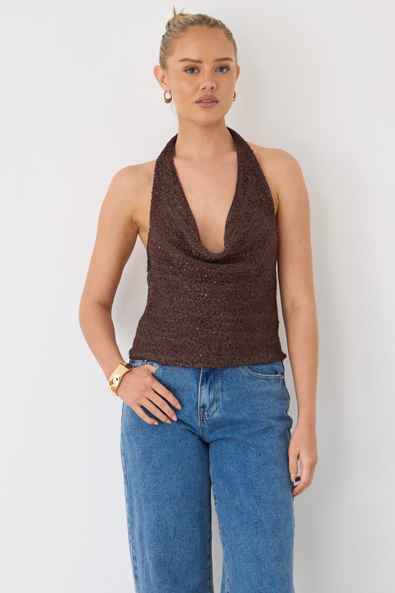 Brown Sequin Cowl Neck Knit Top for Ally Fashion