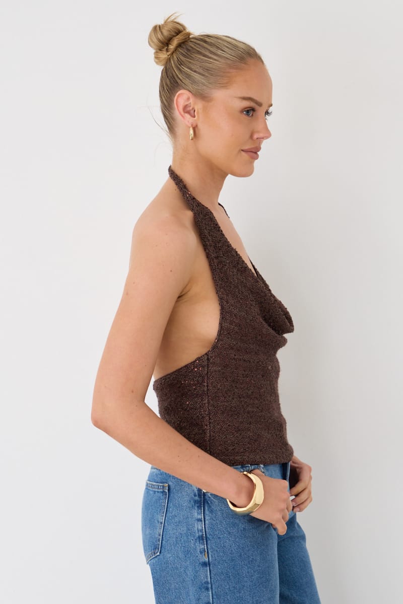 Brown Sequin Cowl Neck Knit Top for Ally Fashion