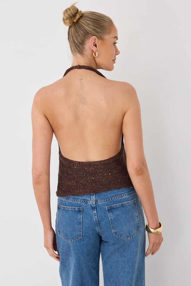 Brown Sequin Cowl Neck Knit Top for Ally Fashion