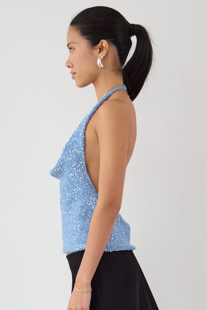 Blue Sequin Cowl Neck Knit Top for Ally Fashion