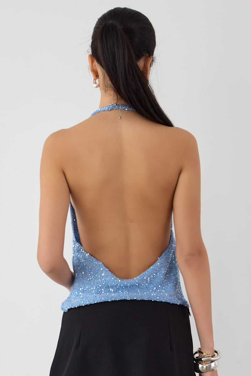 Blue Sequin Cowl Neck Knit Top for Ally Fashion