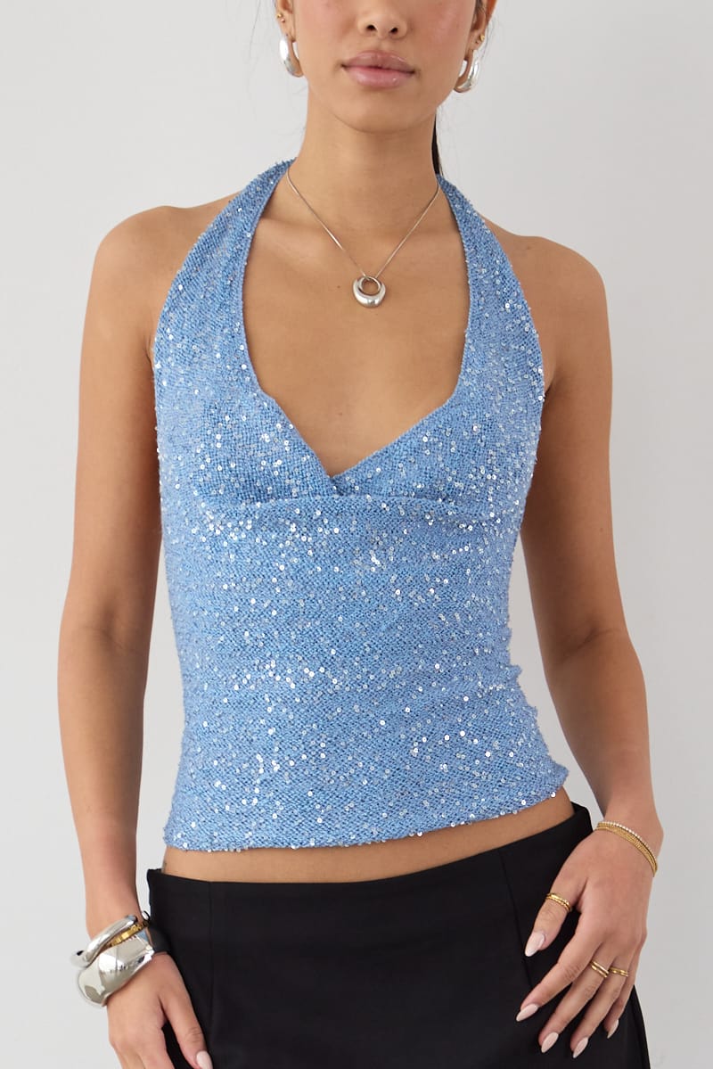Blue Sequin Cowl Neck Knit Top for Ally Fashion