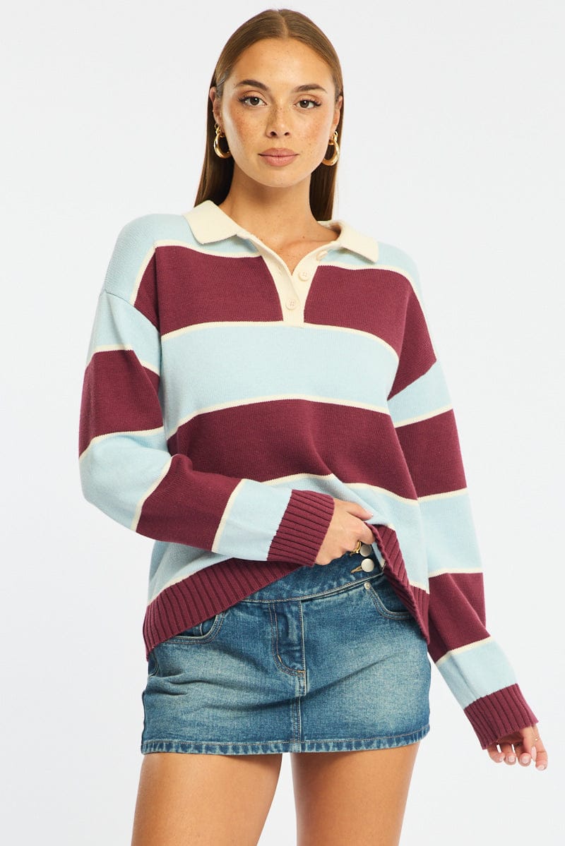 Blue Stripe Stripe Knit Long Sleeve Collared Rugby Jersey for Ally Fashion