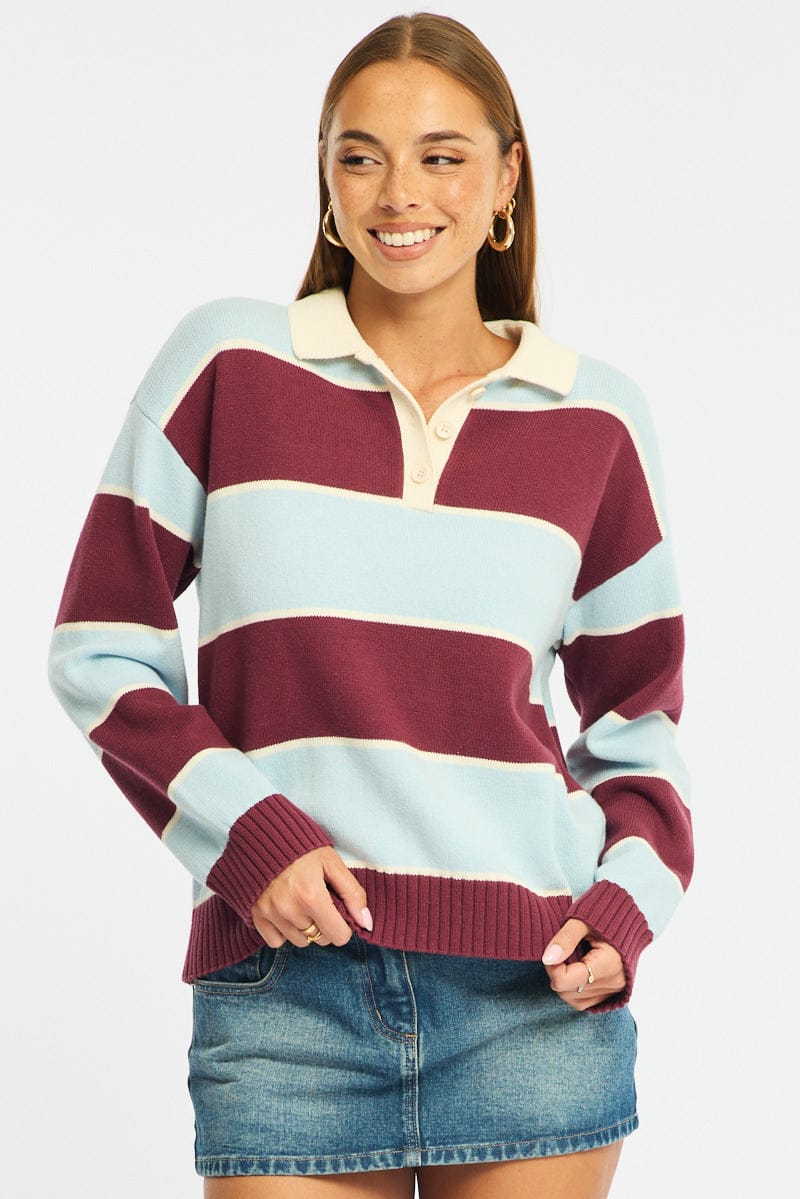 Blue Stripe Stripe Knit Long Sleeve Collared Rugby Jersey for Ally Fashion