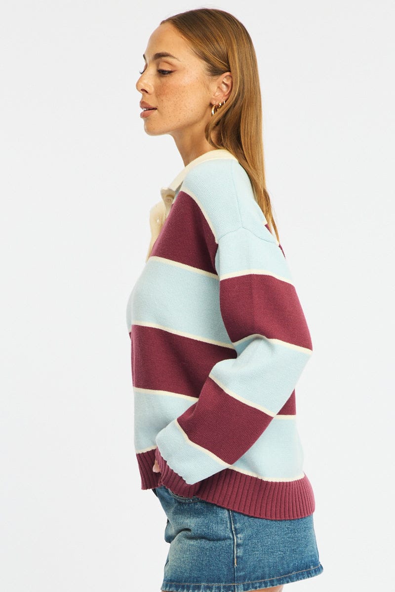 Blue Stripe Stripe Knit Long Sleeve Collared Rugby Jersey for Ally Fashion